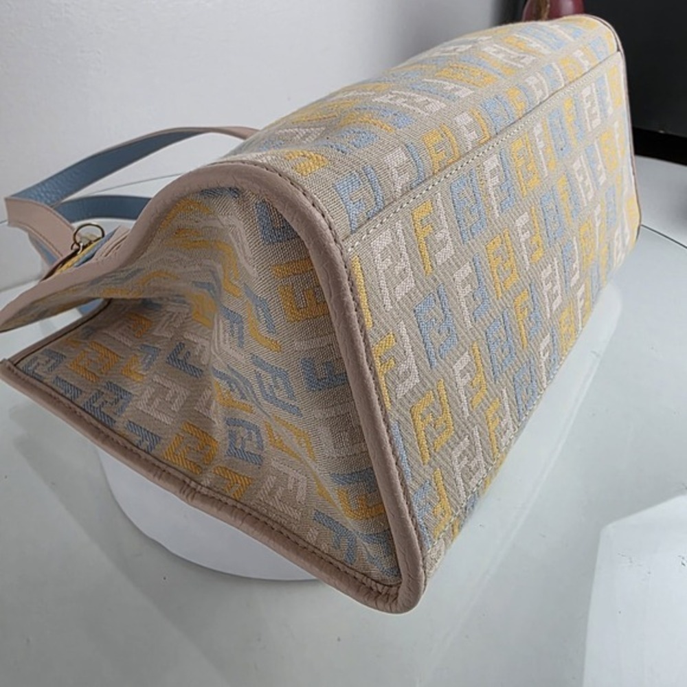 FENDI Zucchino Canvas Small  Shopping Handbag Tote Beige Blue Yellow Dustbg Rare - Picture 10 of 17